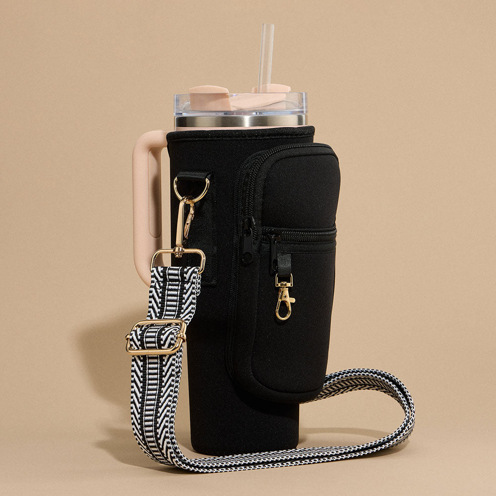 Solid Tumbler Carrier Holder Chevron Pattern Strap Crossbody Bag Black