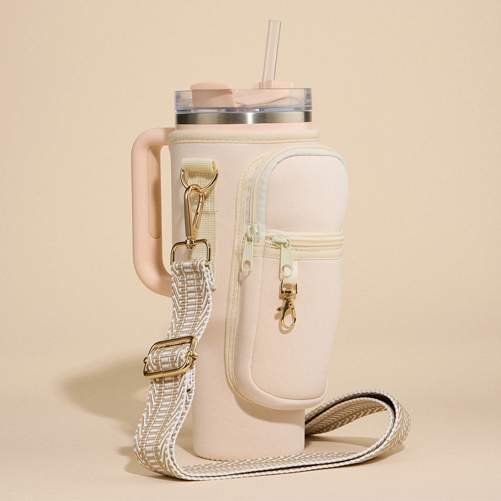 Solid Tumbler Carrier Holder Chevron Pattern Strap Crossbody Bag Ivory