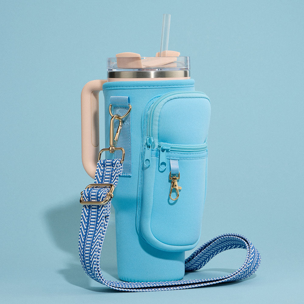 Solid Tumbler Carrier Holder Chevron Pattern Strap Crossbody Bag Light Blue
