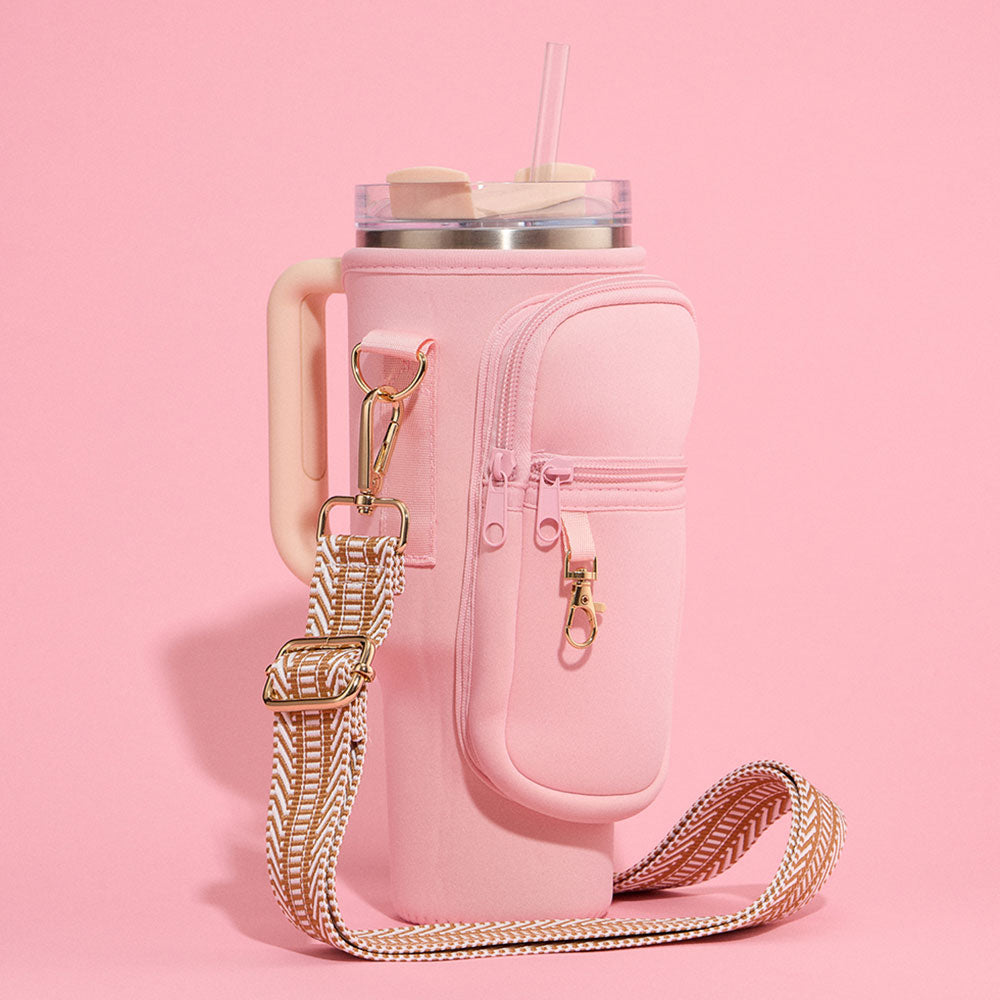 Solid Tumbler Carrier Holder Chevron Pattern Strap Crossbody Bag Light, Pink
