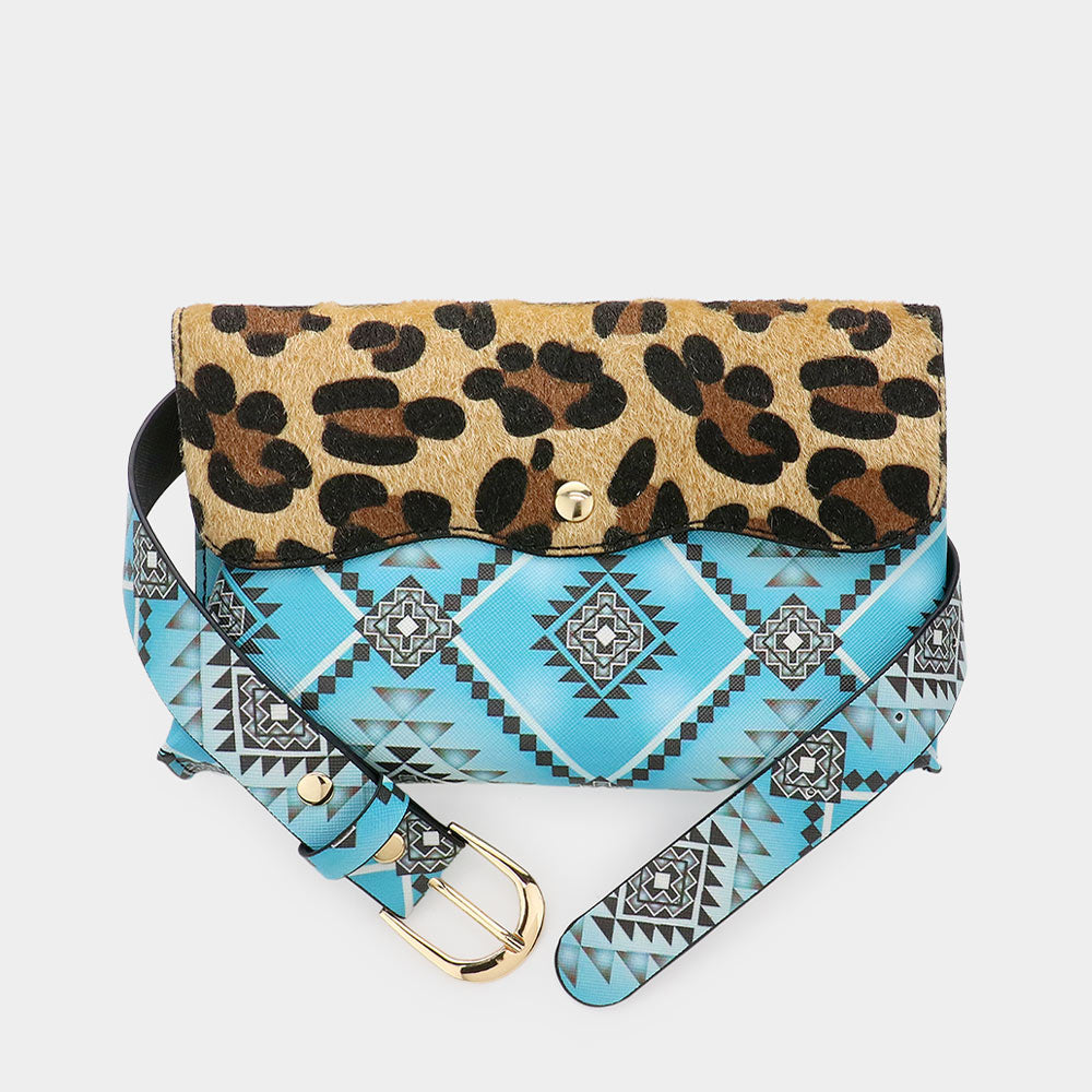 Leopard Patterned Faux Leather Fanny Pack / Belt / Crossbody Bag Blue, Leopard
