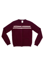 CASHMERE WOOL STRIPE CARDIGAN IN RASPBERRY CREAM