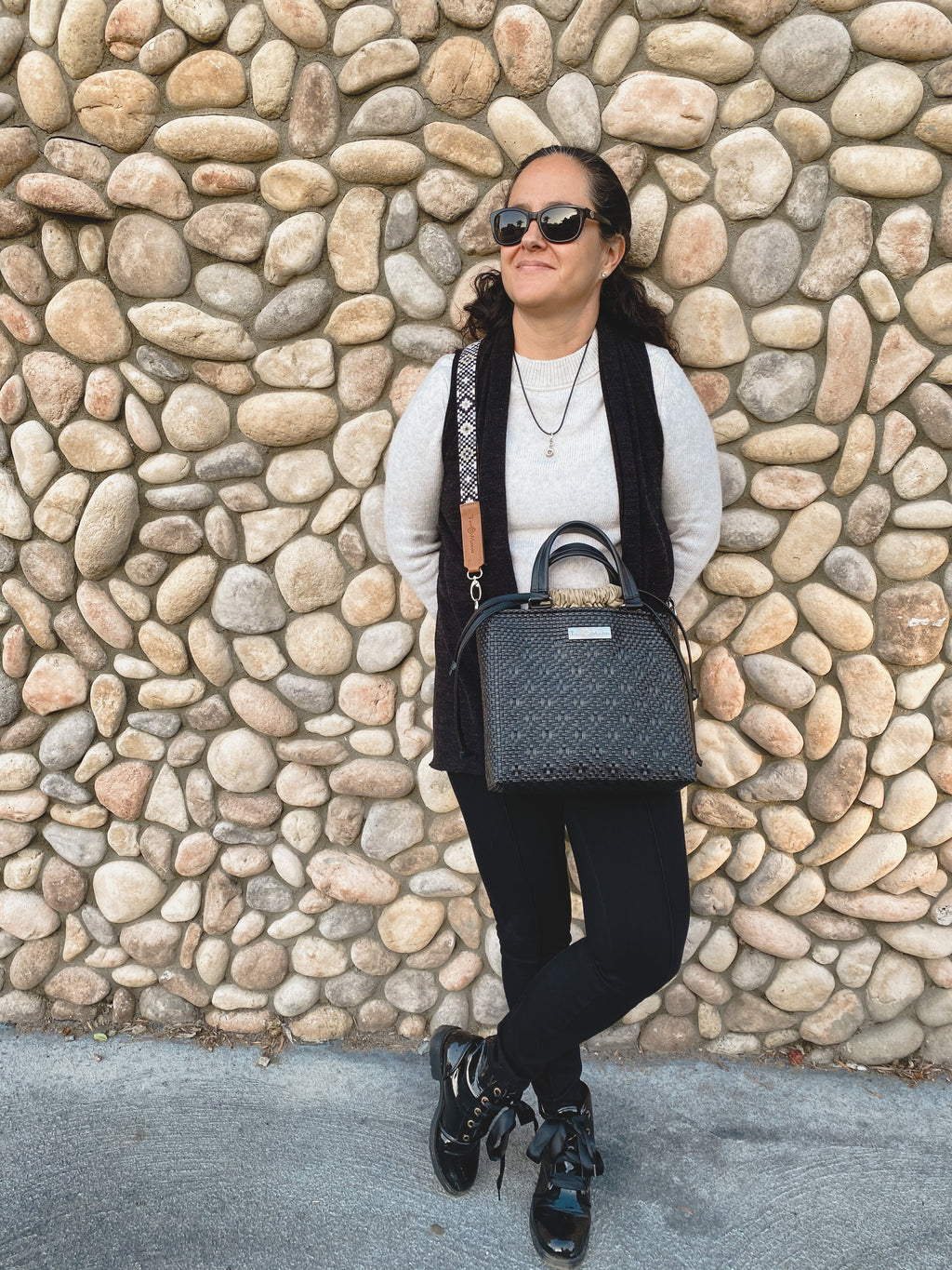 All Black Medium Woven Crossbody Drawstring Bag