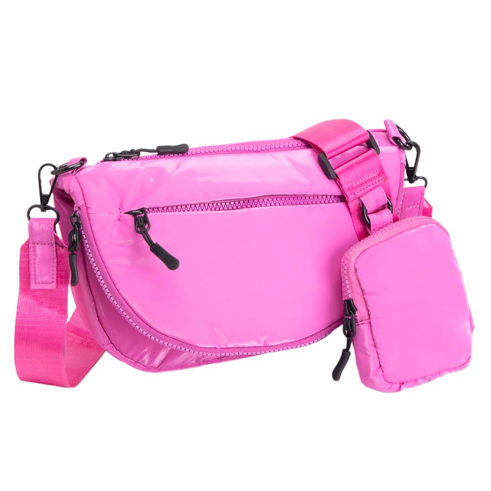 Glossy Puffer Half Moon Crossbody Bag Glossy Fuchsia