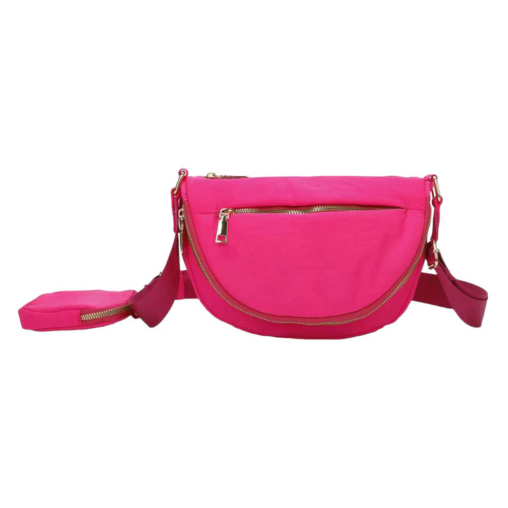 Half Round Solid Nylon Crossbody Bag Fuchsia
