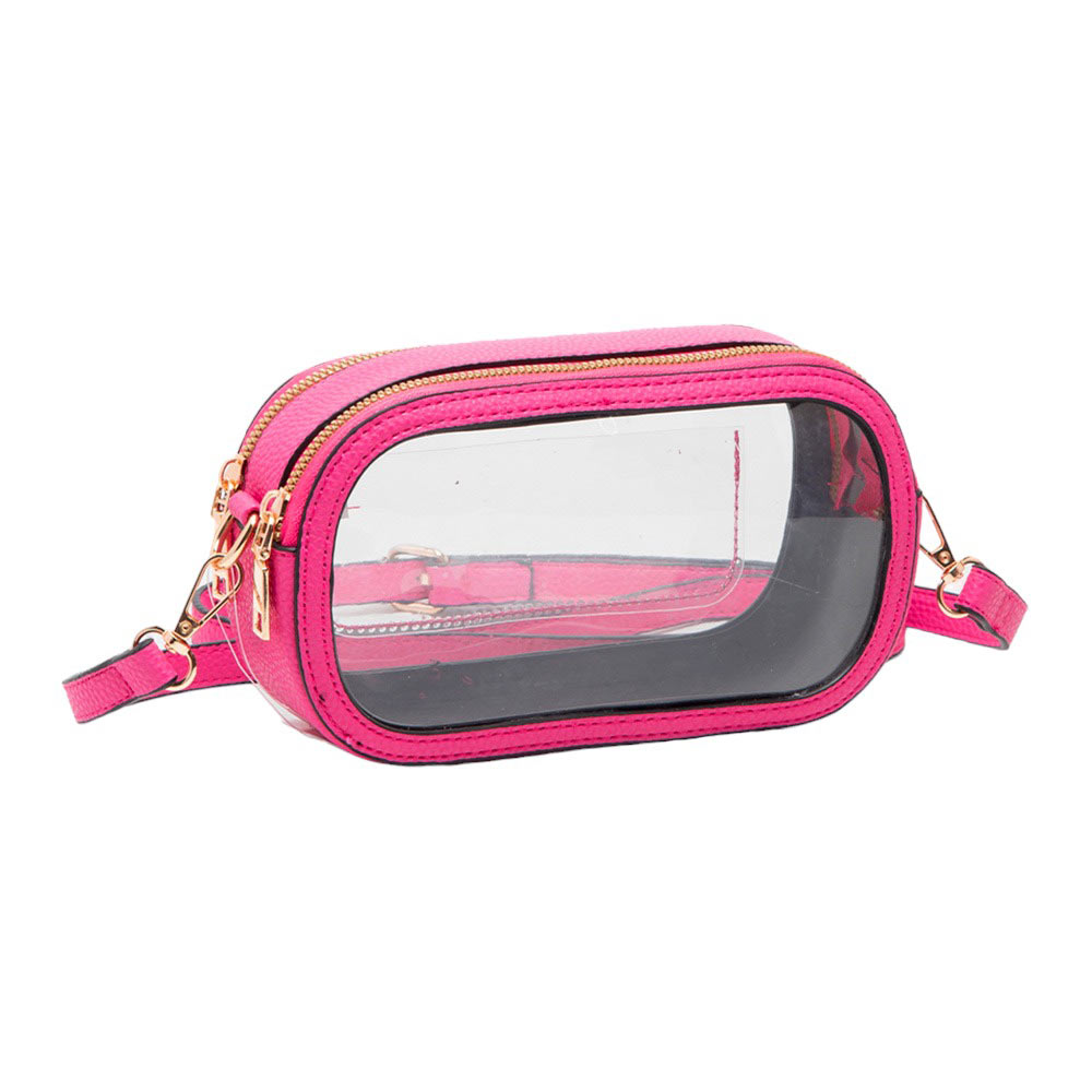 Solid Faux Leather Transparent Rectangle Crossbody Bag Fuchsia