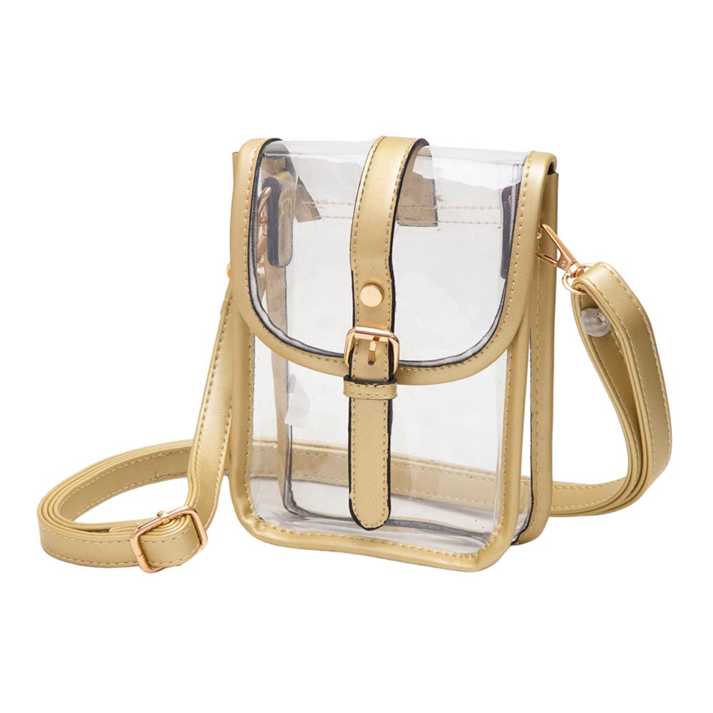 Faux Leather Belt Buckle Pointed Transparent Crossbody Bag Gold