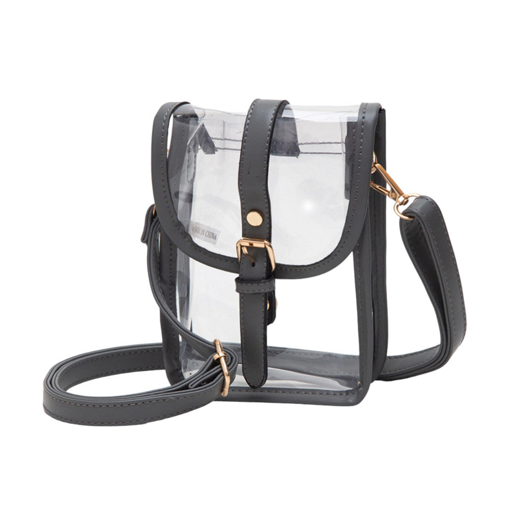 Faux Leather Belt Buckle Pointed Transparent Crossbody Bag Gray