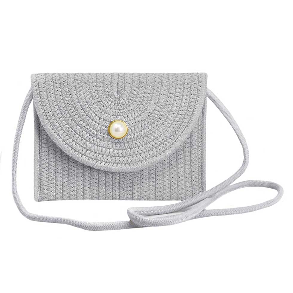 Solid Color With Pearl Button Straw Micro Crossbody Bag Gray