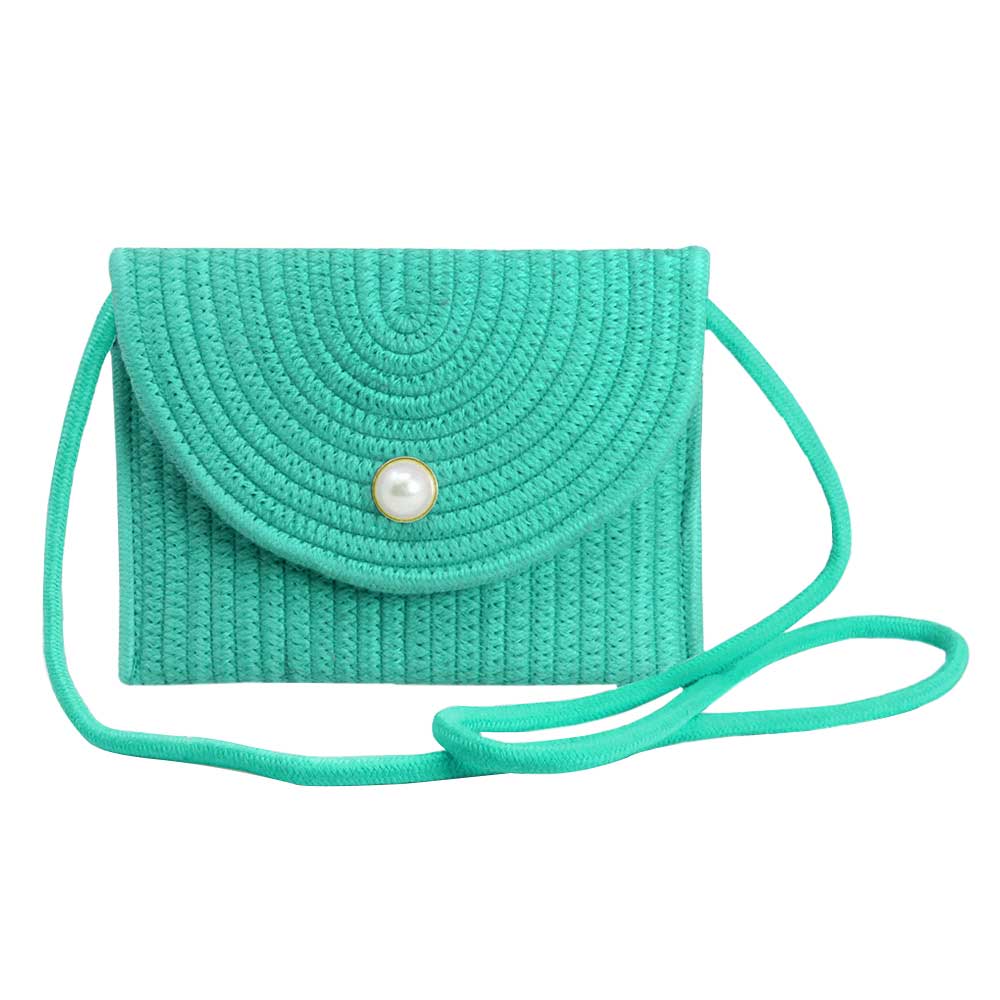 Solid Color With Pearl Button Straw Micro Crossbody Bag Green