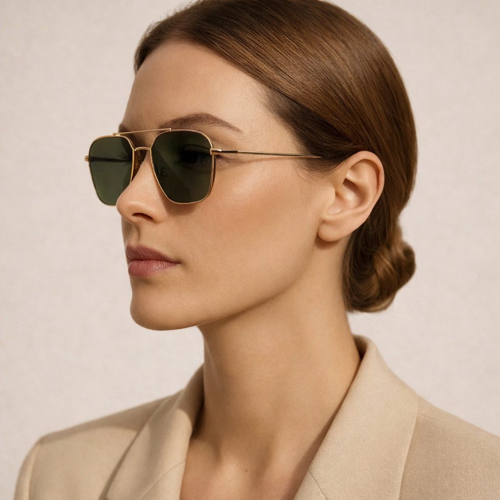 WO|MN logo aviator sunglasses metal and acetate frame - gold with dark green polarized lenses