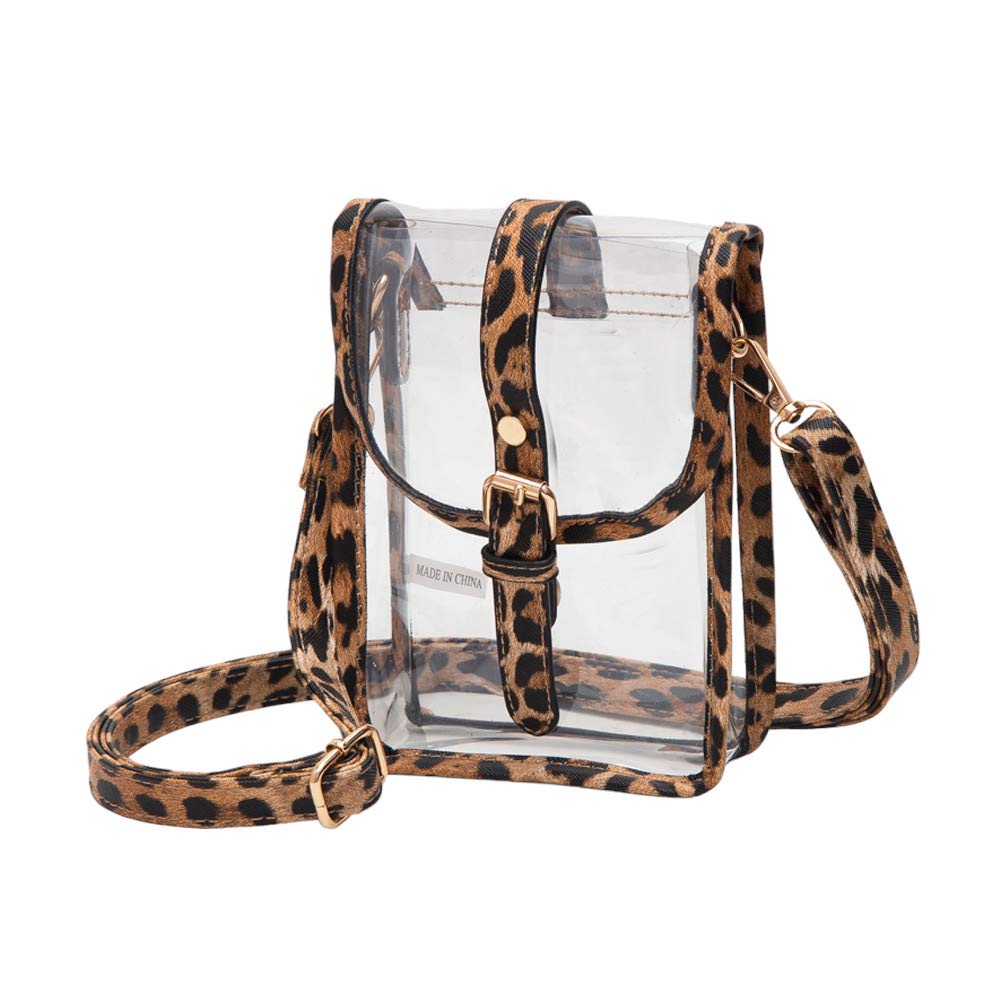 Faux Leather Belt Buckle Pointed Transparent Crossbody Bag Leopard
