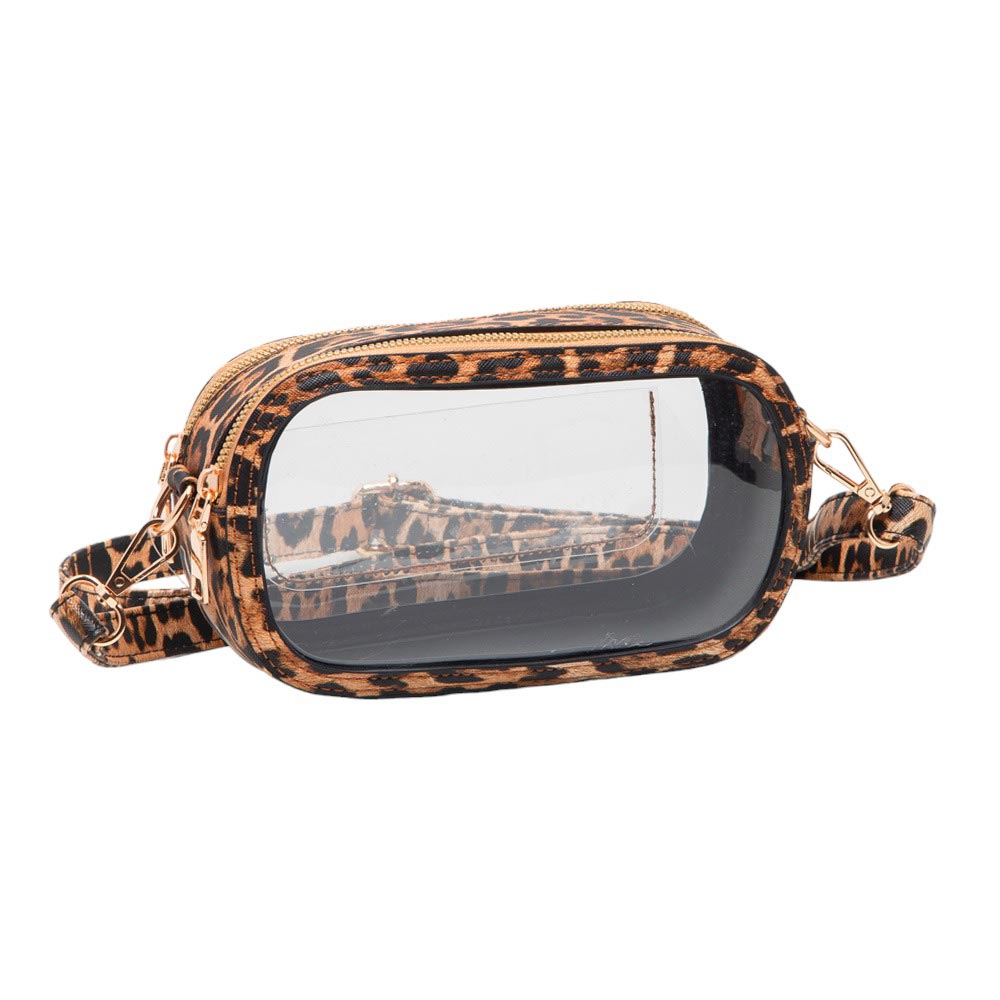 Solid Faux Leather Transparent Rectangle Crossbody Bag Leopard