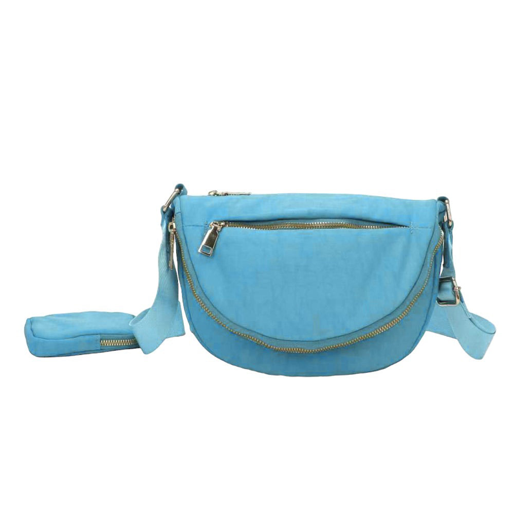 Half Round Solid Nylon Crossbody Bag LightBlue