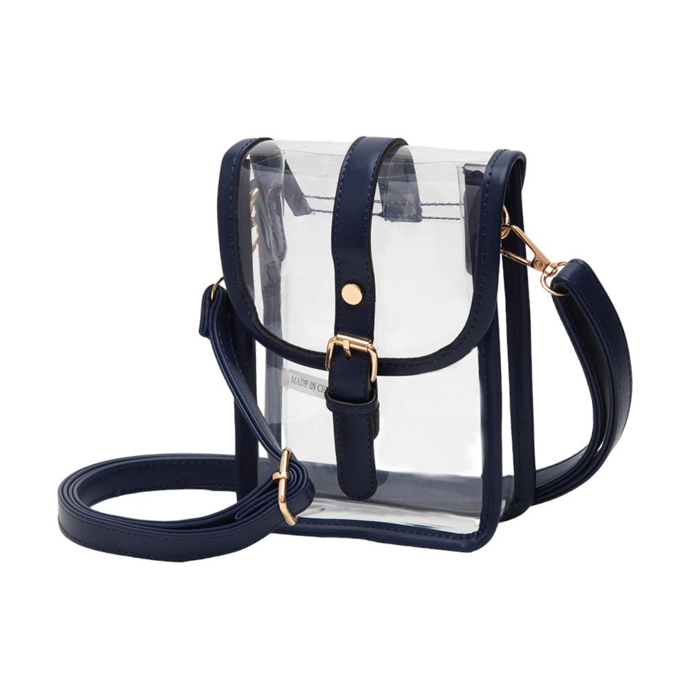 Faux Leather Belt Buckle Pointed Transparent Crossbody Bag Navy