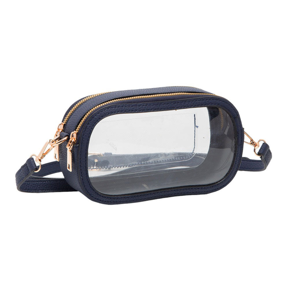 Solid Faux Leather Transparent Rectangle Crossbody Bag Navy