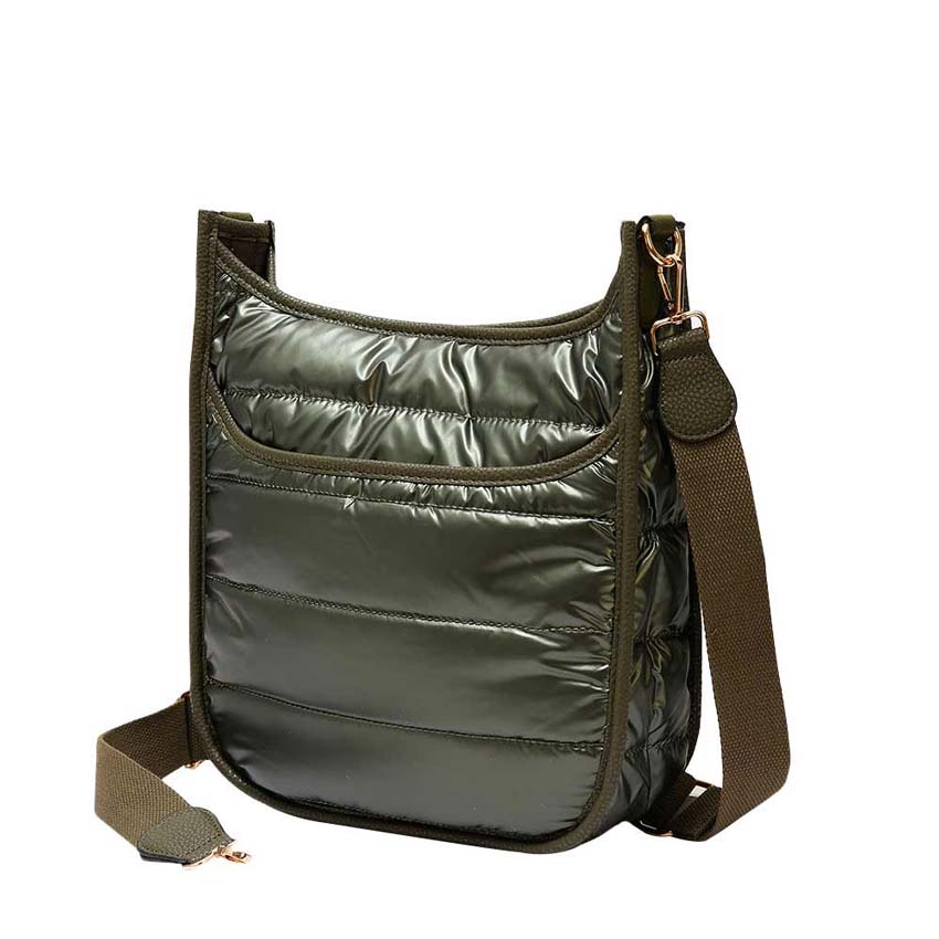 Solid Quilted Shiny Puffer Crossbody Bag Olive