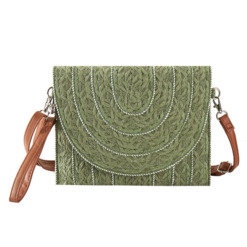 Stitch Detailed Straw Crossbody Bag Olive Green