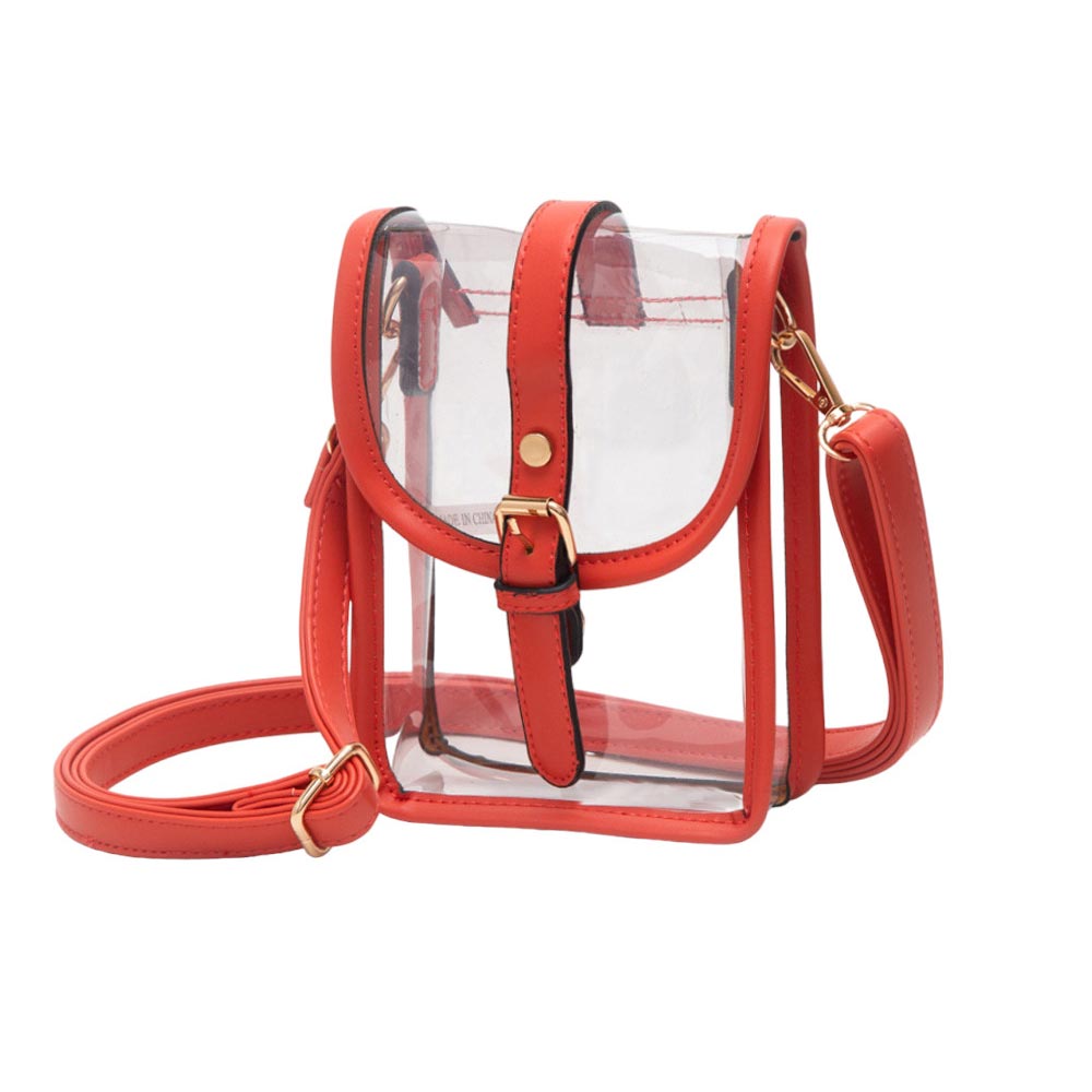 Faux Leather Belt Buckle Pointed Transparent Crossbody Bag Orange