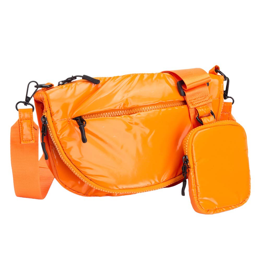 Glossy Puffer Half Moon Crossbody Bag Glossy Orange