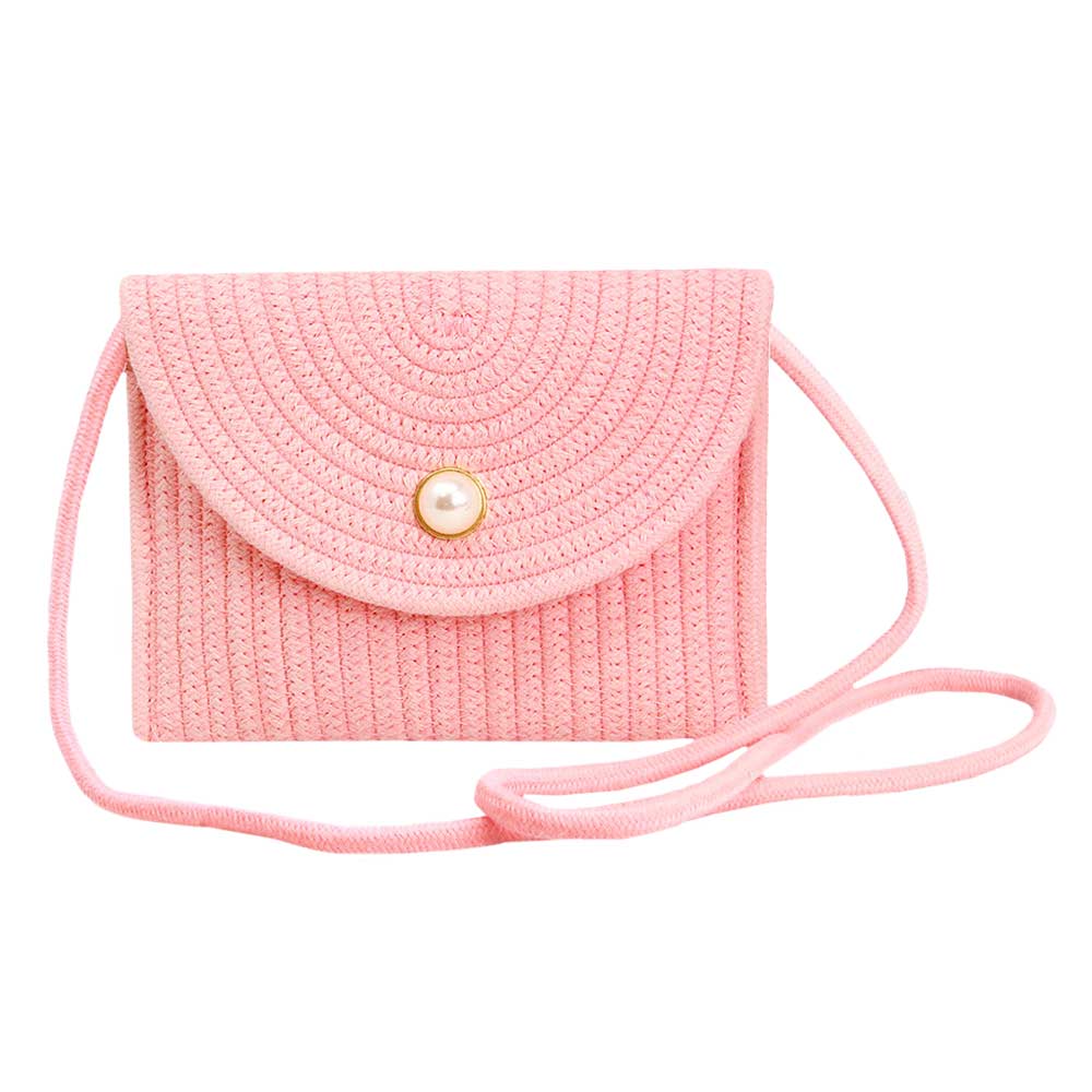 Solid Color With Pearl Button Straw Micro Crossbody Bag Pink