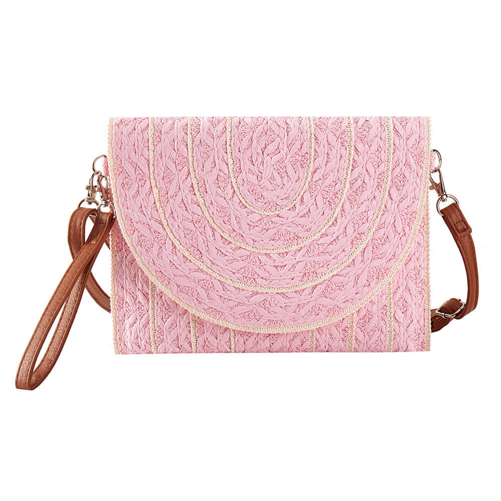 Stitch Detailed Straw Crossbody Bag Pink