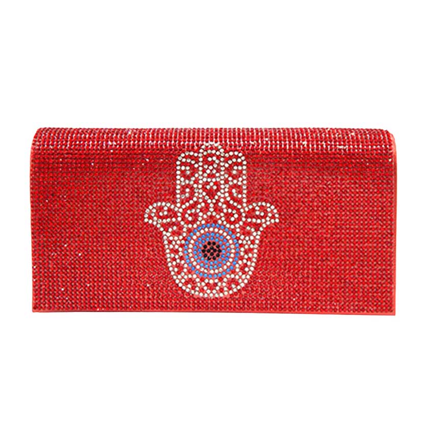 Bling Evil Eye Hamsa Hand Evening Clutch Crossbody Bag Red