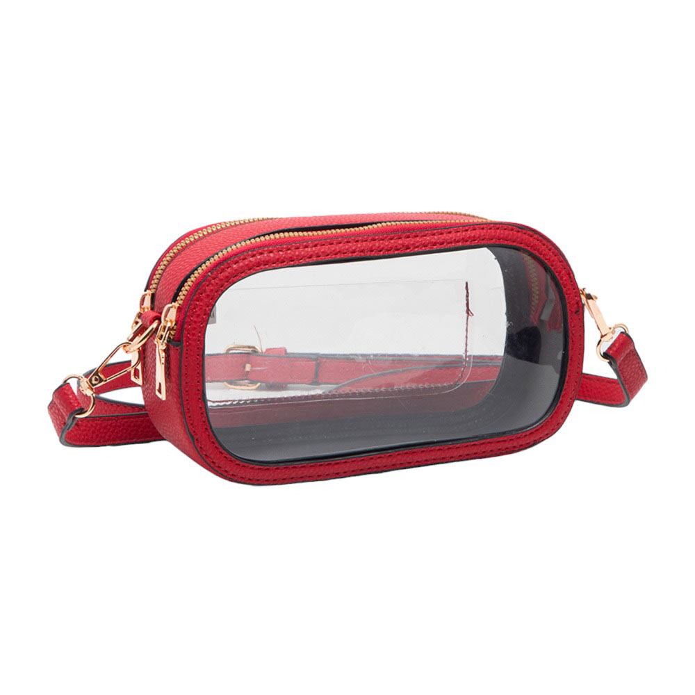 Solid Faux Leather Transparent Rectangle Crossbody Bag Red