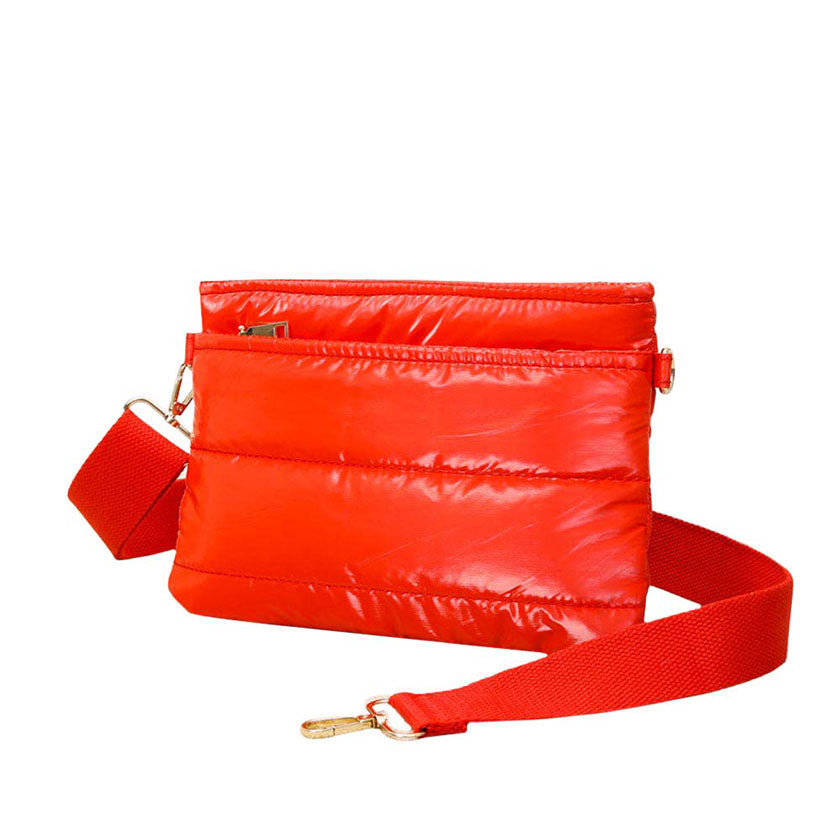 Glossy Solid Puffer Crossbody Bag Red