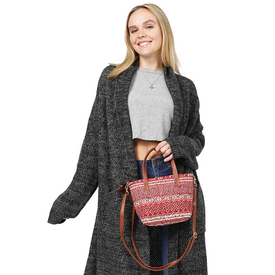 Tribal Patterned Tote Crossbody Bag Red