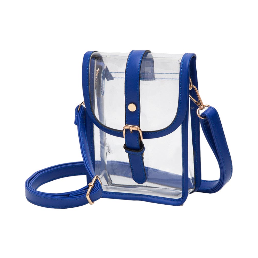 Faux Leather Belt Buckle Pointed Transparent Crossbody Bag Royal Blue