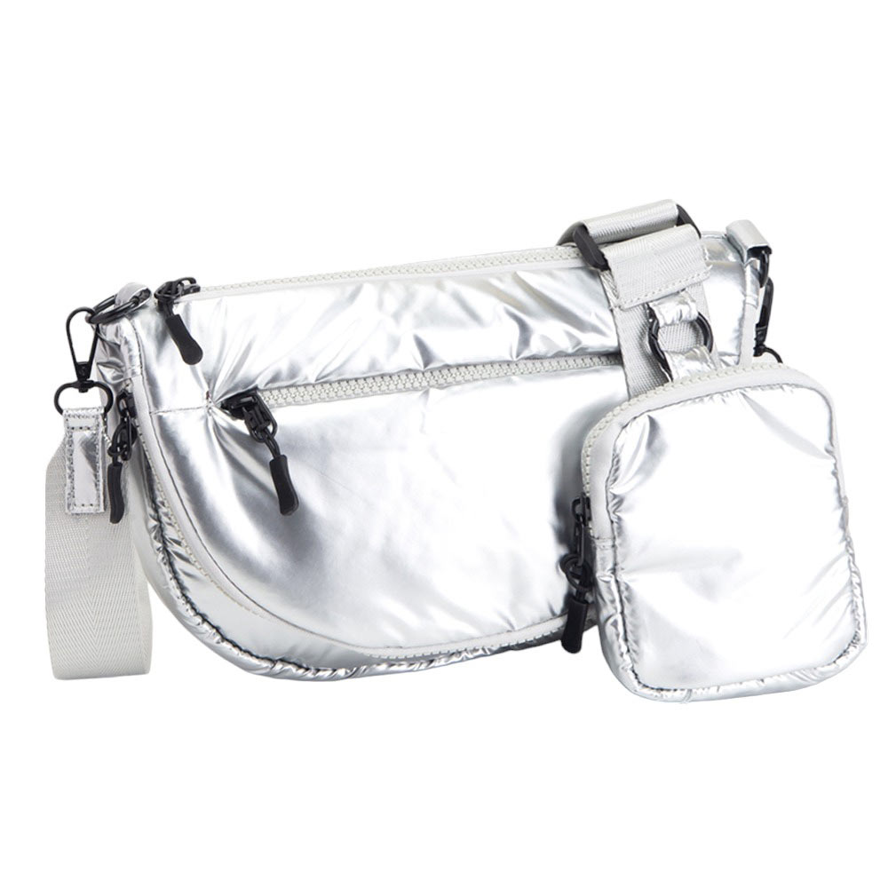 Puffer Half Moon Crossbody Bag Silver