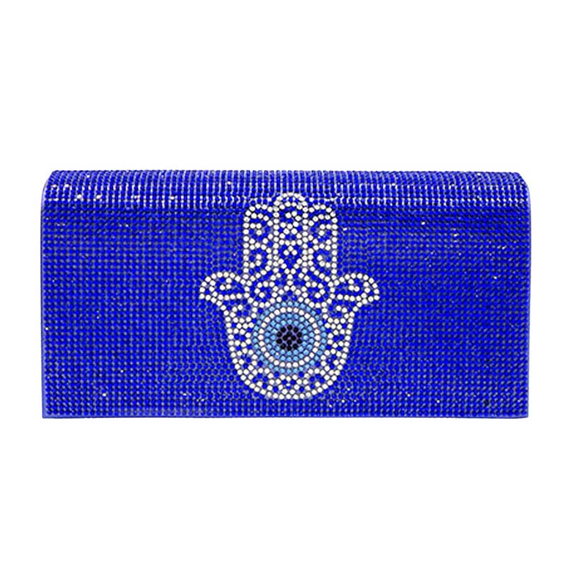 Bling Evil Eye Hamsa Hand Evening Clutch Crossbody Bag Sapphire