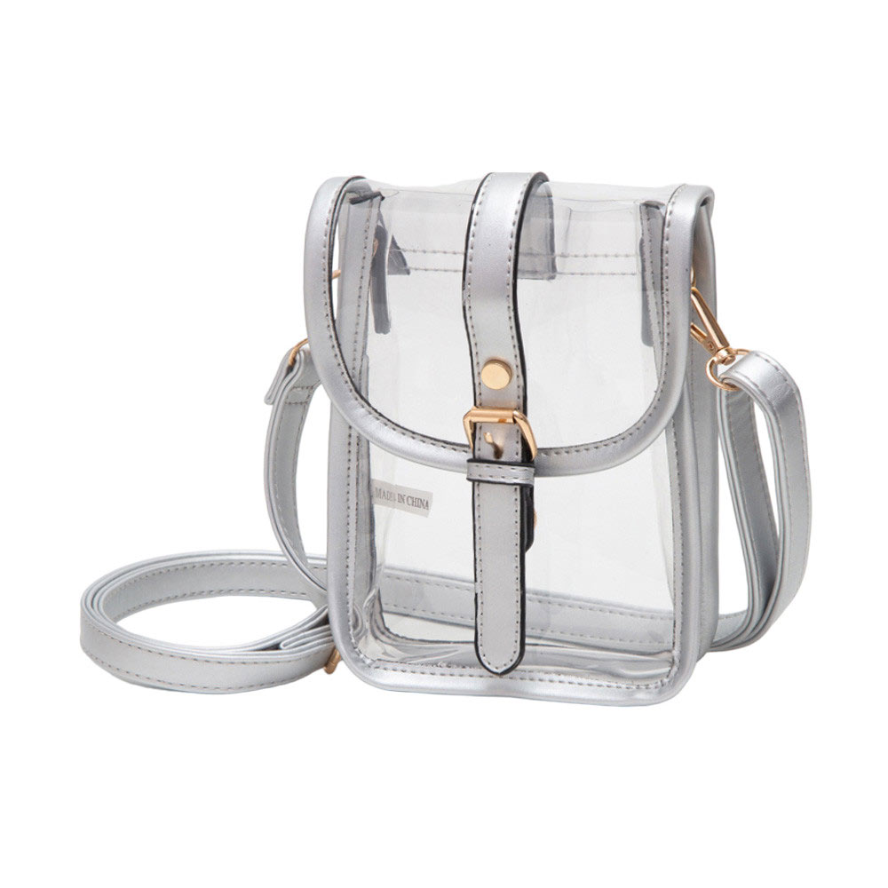 Faux Leather Belt Buckle Pointed Transparent Crossbody Bag Silver