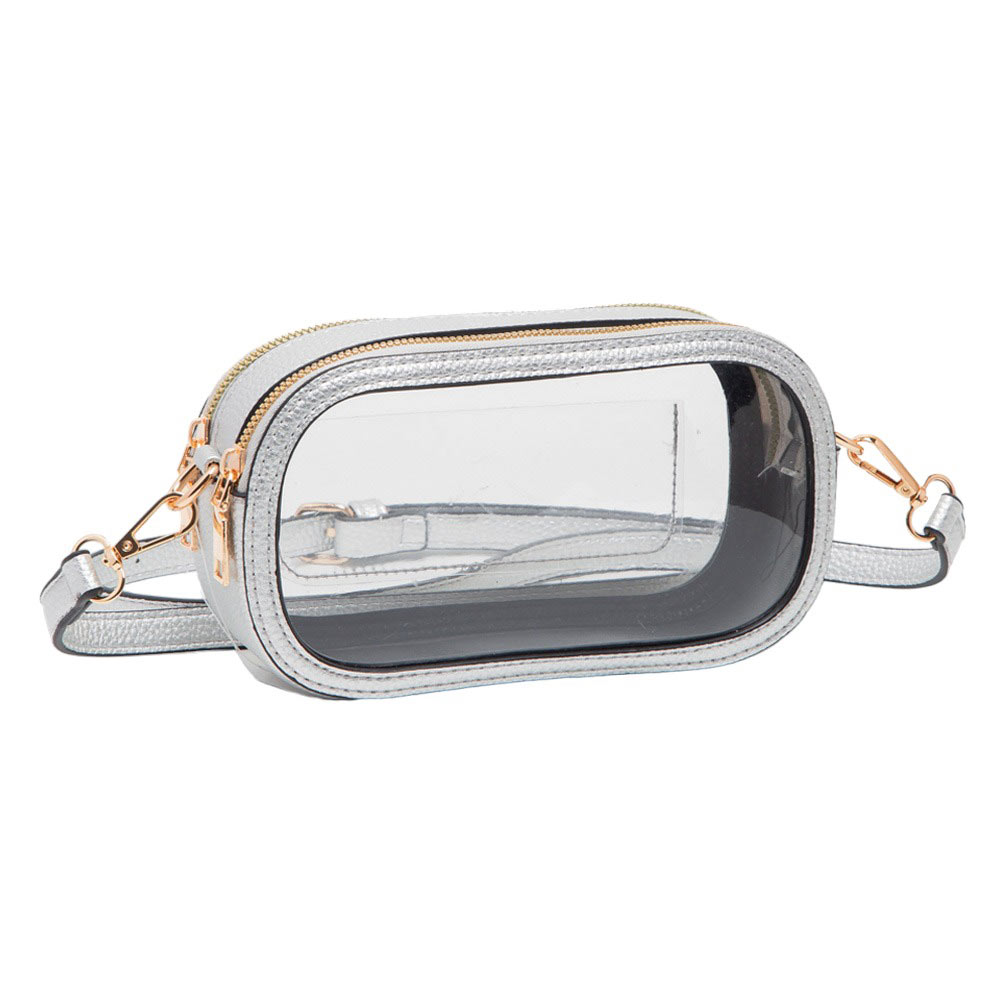 Solid Faux Leather Transparent Rectangle Crossbody Bag Silver