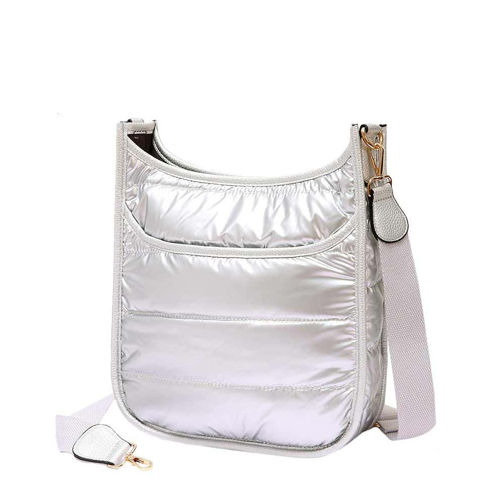 Solid Quilted Shiny Puffer Crossbody Bag Silver