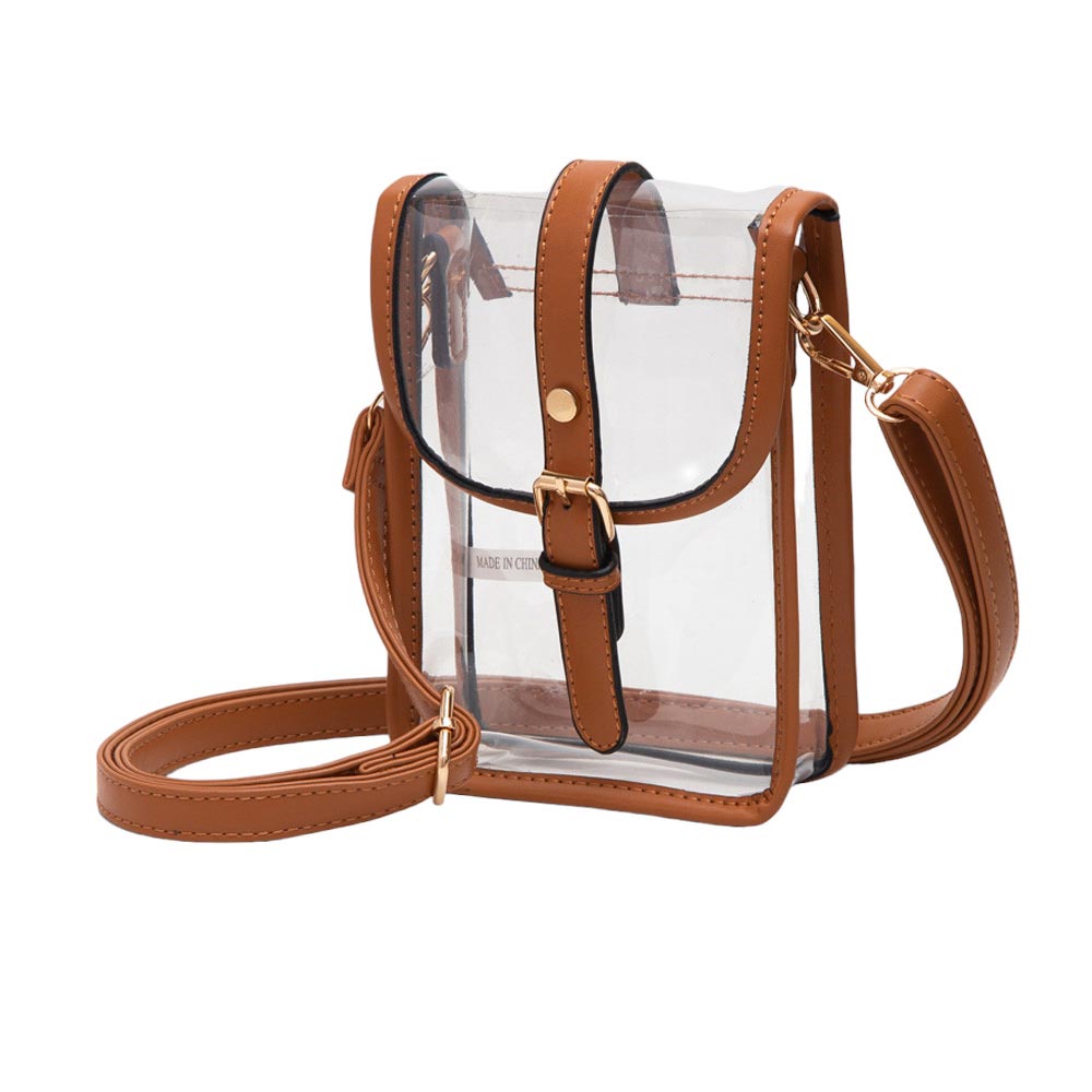 Faux Leather Belt Buckle Pointed Transparent Crossbody Bag Tan