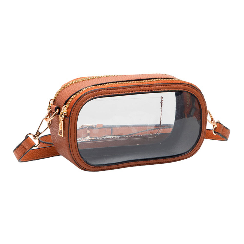 Solid Faux Leather Transparent Rectangle Crossbody Bag Tan