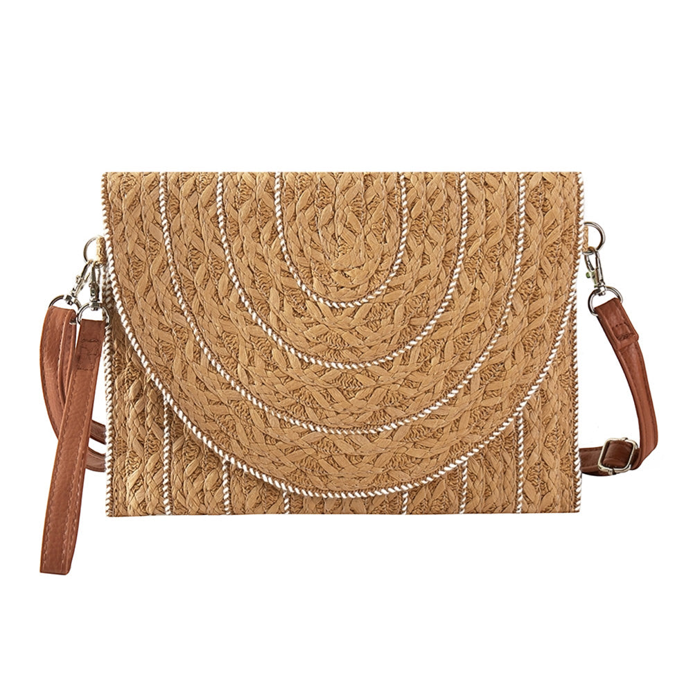 Stitch Detailed Straw Crossbody Bag Taupe