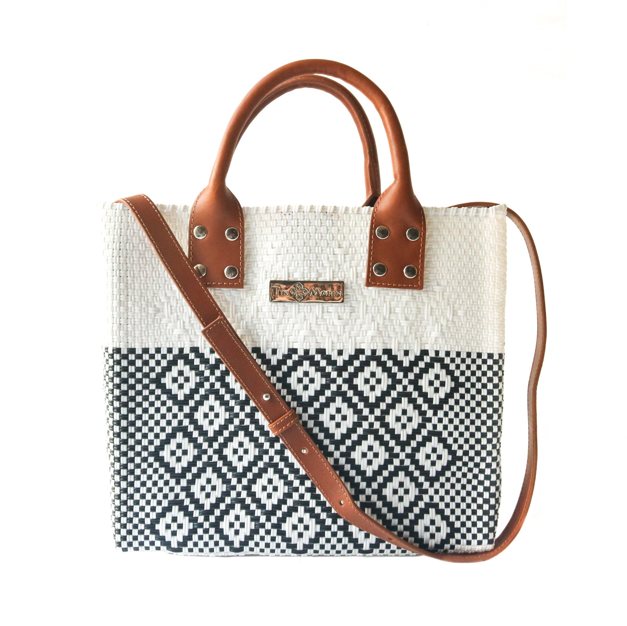 Tin Marin White Large Woven Crossbody Bag - Tan Leather tan