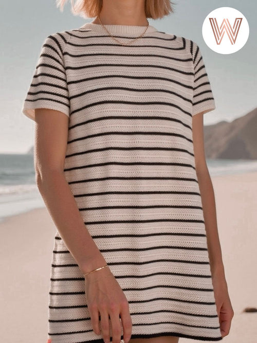 Bria Dress - Ecru/Black Stripe Ecru Black Stripe