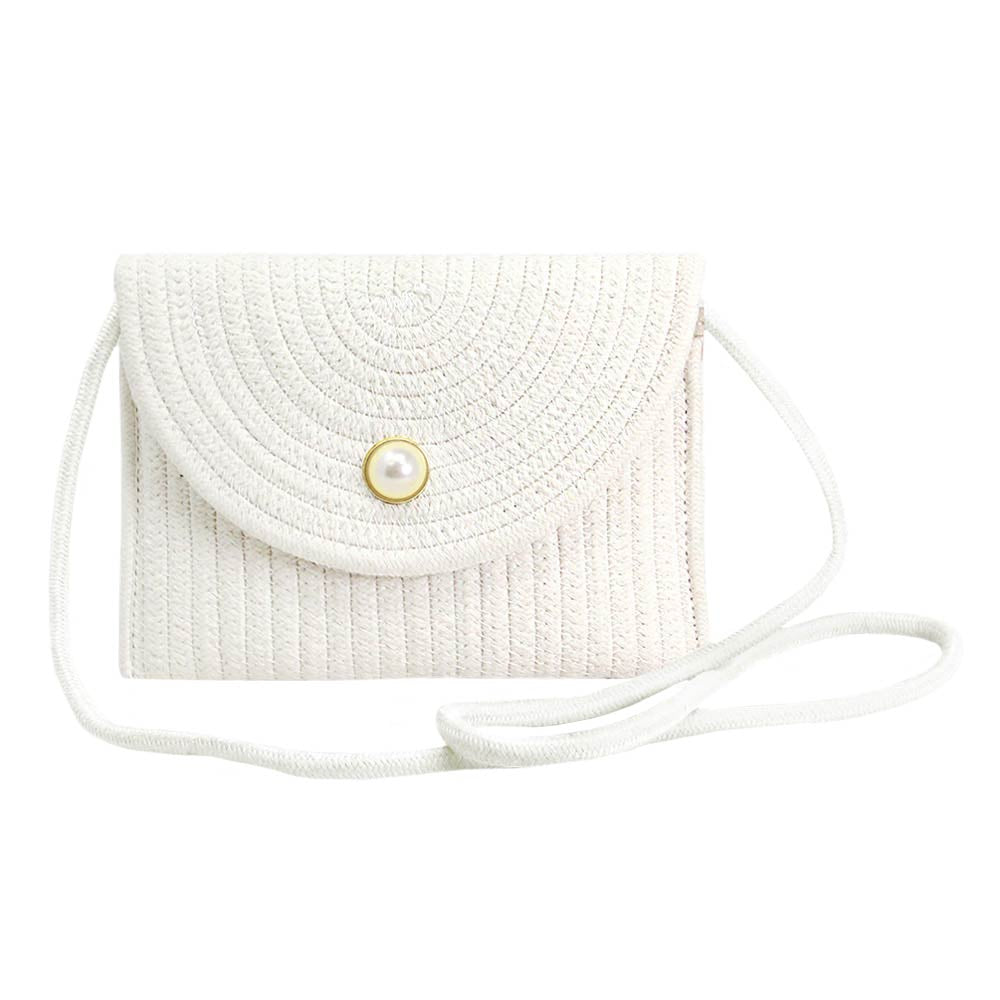 Solid Color With Pearl Button Straw Micro Crossbody Bag White