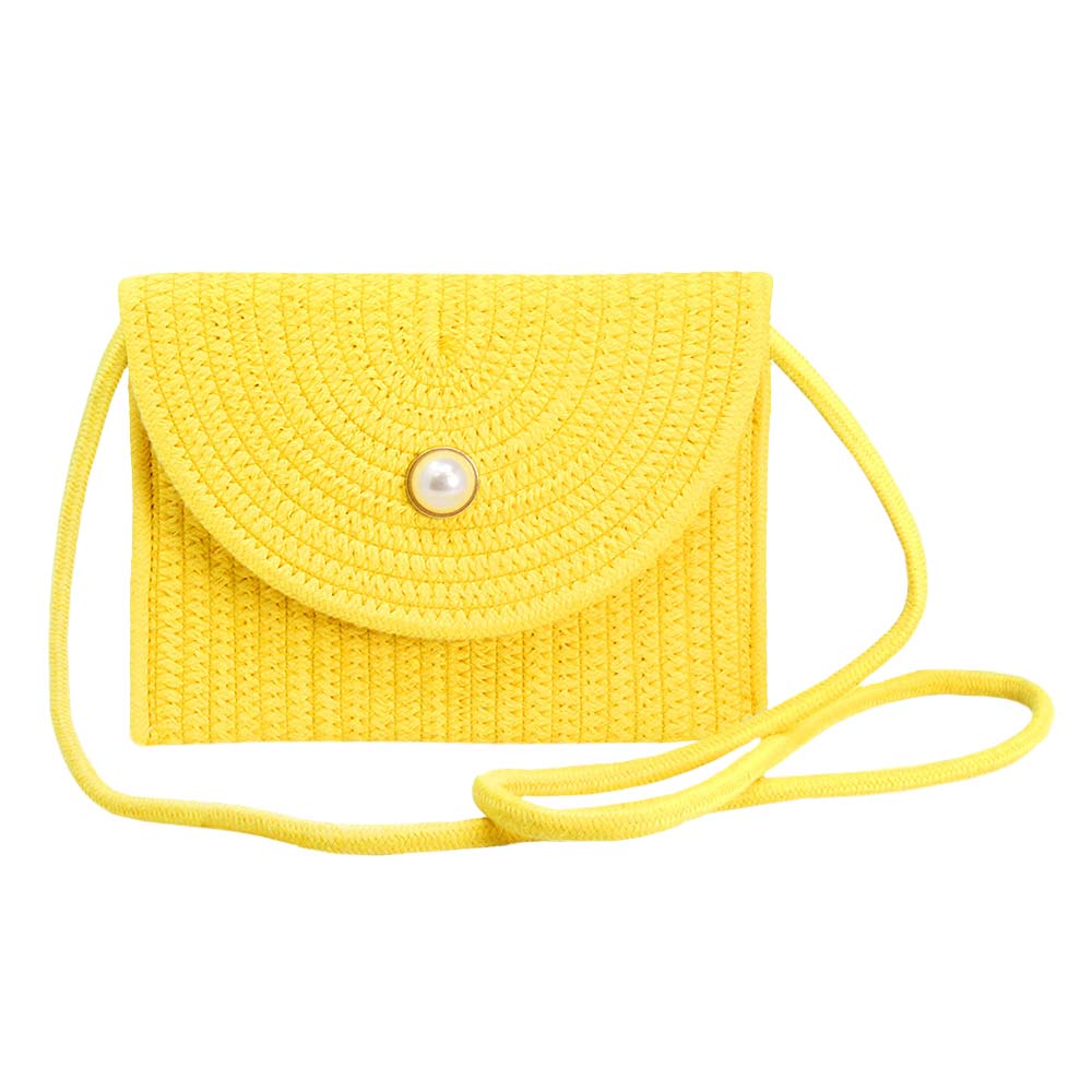 Solid Color With Pearl Button Straw Micro Crossbody Bag Yellow