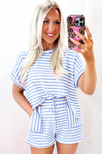 Pink Striped Print Short Sleeve Top and Pocket Shorts Set