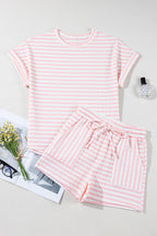Pink Striped Print Short Sleeve Top and Pocket Shorts Set
