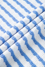 Sky Blue Stripe Knitted Short Sleeve Top and Drawstring Shorts Set