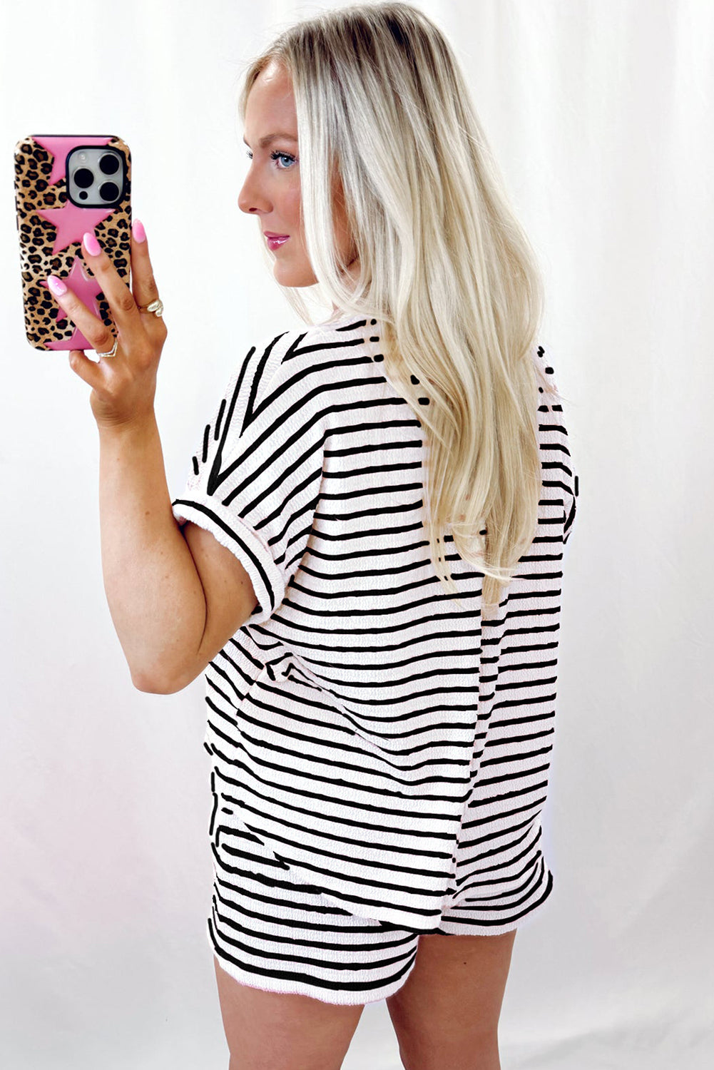 Pink Striped Print Short Sleeve Top and Pocket Shorts Set