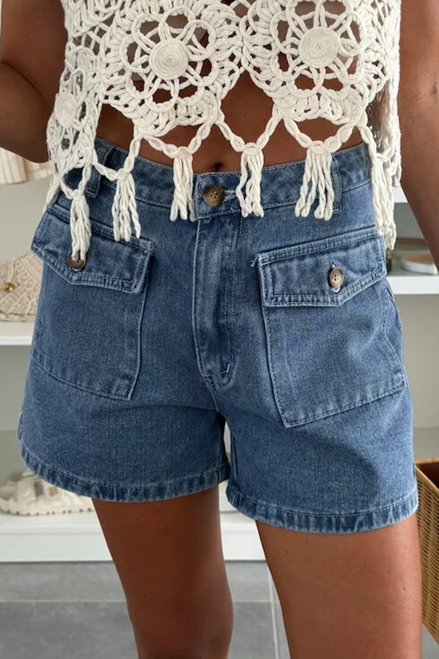 Dusk Blue Flap Pockets Denim Shorts Dusk Blue 75%Cotton+23%Polyester+2%Elastane