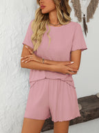 Mandy Round Neck Short Sleeve Top and Shorts Set Blush Pink