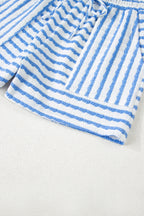 Sky Blue Stripe Knitted Short Sleeve Top and Drawstring Shorts Set